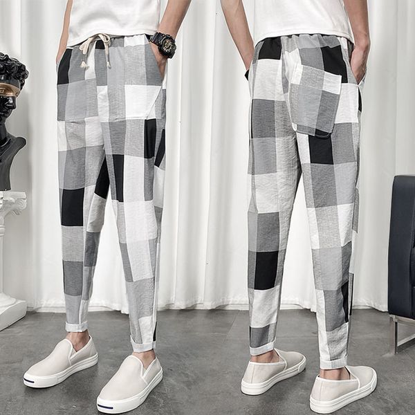 

2021 new spring and summer plaid men's slim fashion drawstring casual men streetwear hip hop harem pants mens trousers wl7n, Black