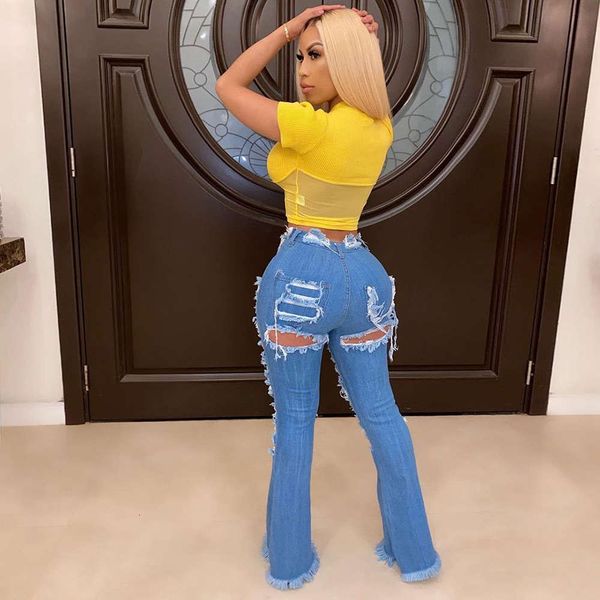 

hip hop high waist jeans with holes women's fashion flared 2020 pants k, Blue