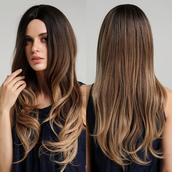 

synthetic wigs ombre dark black brown natural middle part long wave for women heat resistant cosplay party daily use