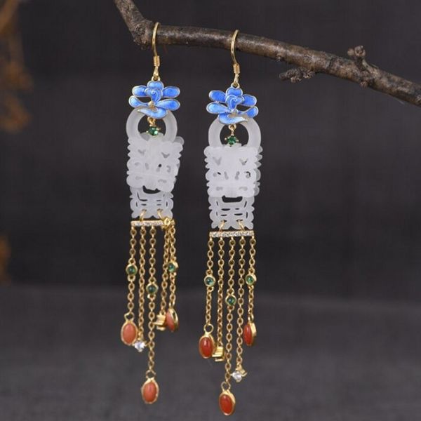 

2021 new real s925 sier gold-plated red agate tassel cloisonne enamel carved natural jade chinese style woman earrings 8hmp, Silver