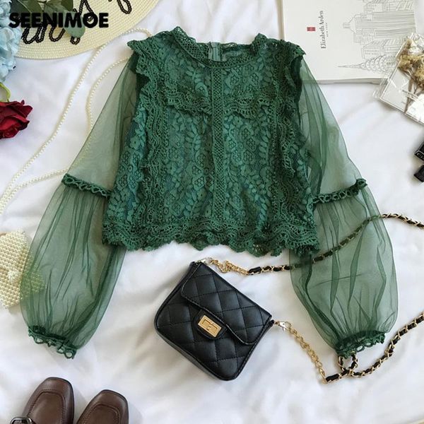 

women's blouses & shirts seenimoe 6 colors transparent blouse 2021 chiffon loose plus size long sleeve fashion women embroidered knitte, White