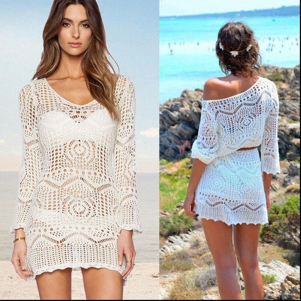 

summer lace crochet beach dress women white see through swimwear swimsuit cover up mini dress, Black;gray