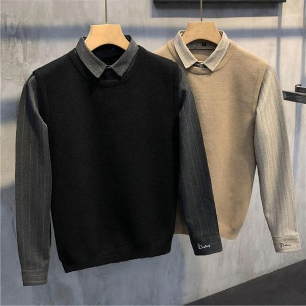 

men's sweaters 2021 spring autumn sweater mens knitwear fashion fake two-piece turn-down long sleeve shirt collar clothes e148, White;black