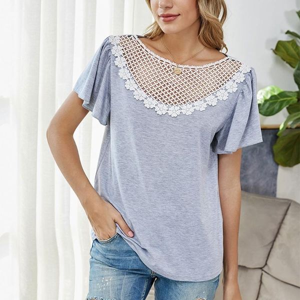 

women's t-shirt summer women patchwork butterfly sleeve o-neck solid floral lace hollow e56c, White