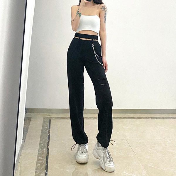 

women's pants & capris trendy solid color straight hollow high waist creative personality wild daily streetwear hole trousers with chai, Black;white