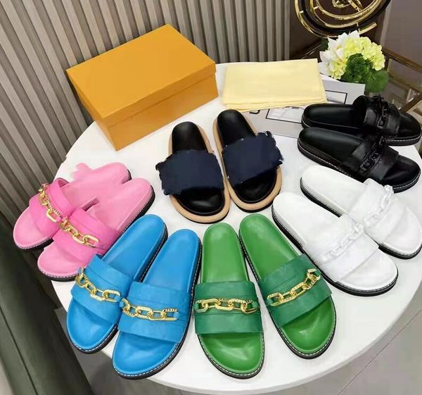 

fad metal chain solid color woman open-toe slippers leather thick soles wearproof sandals indoor bathroom flip-flops designer five colors be, Black