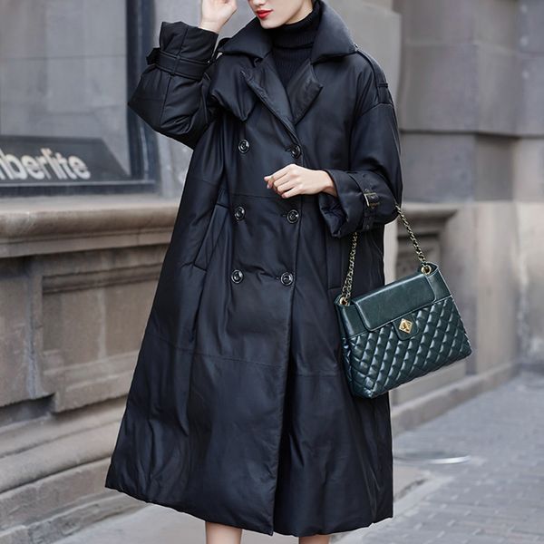 

2021 New Genuine Leather Women Oversize White Duck Female Double Breasted Lapel Long Coat Sheep Down Jacket Vfl2, Black