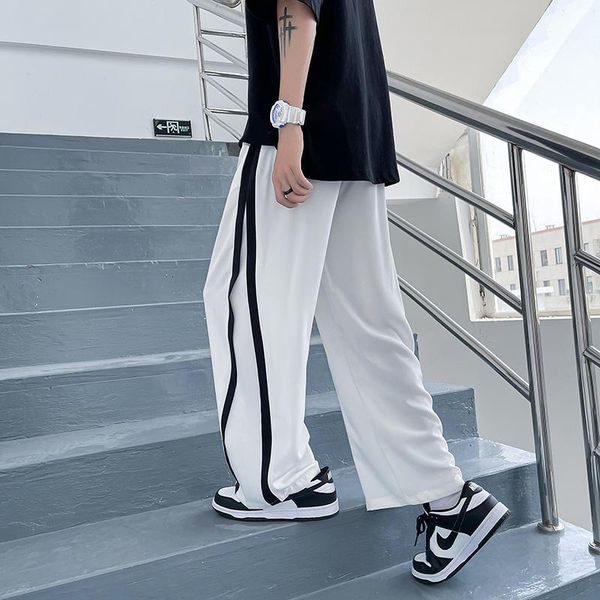 

men's pants men ice silk fashion patchwork summer loose straight thin casual trousers streetwear ankle-length black/white