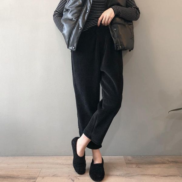 

2021 autumn winter women pants fashion soild corduroy vintage loose ankle length pants femlae casual elastic waist straight, Black;white
