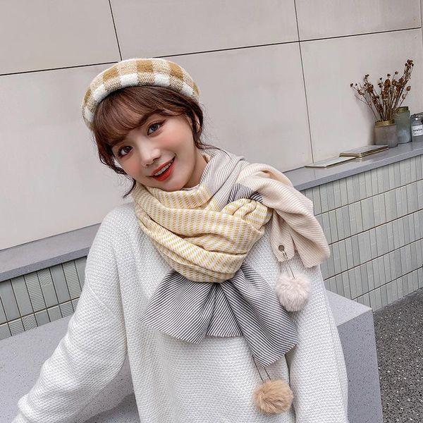 

scarves winter stripe cashmere imitation thickened warm ball bib korean splicing ins long shawl scarf for women, Blue;gray