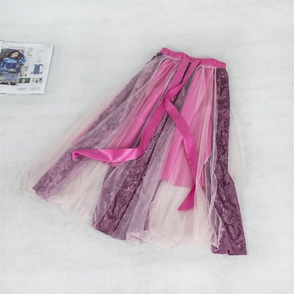 

skirts spring summer net yarn skirt women gold velvet mesh splice perspective leisure office elastic waist, Black