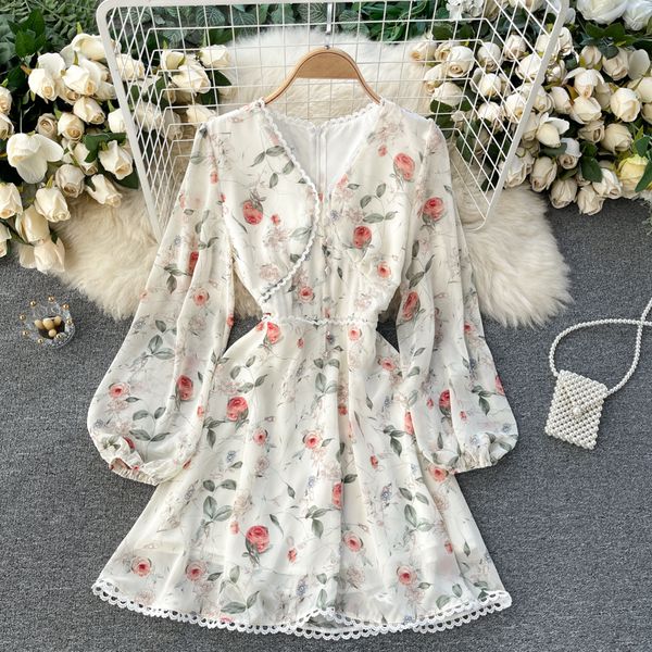 

spring women floral print mini v-neck long sleeve button sweet party casual holiday boho beach robe wcao, Black;gray