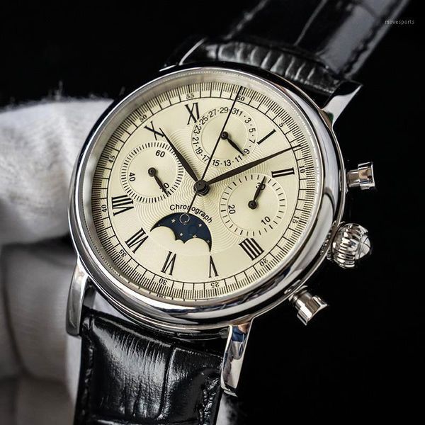 

sugess orologio uomo men's chronograph mechanical seagull movement watches men sapphire luxury watch moon phase montre homme wristwatch, Slivery;brown