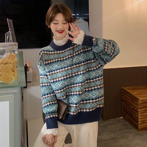 

women's sweaters autumn winter knitted sweater female casual oversized jacquard pullovers loose warm jumper women streetwear mtw600253, White;black