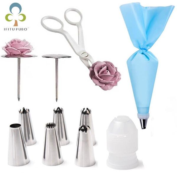 

baking & pastry tools 10pcs/set fondant cake decorating 1cake flower stand nail 6cake icing piping nozzle scissors for cream transfer zxh