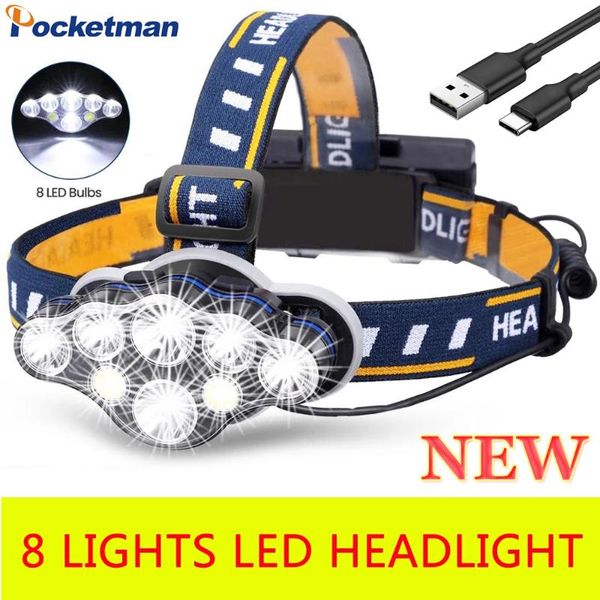 

headlamps 8 led headlamp usb rechargeable headlight lights modes waterproof head lamp red light tail use 18650 battery