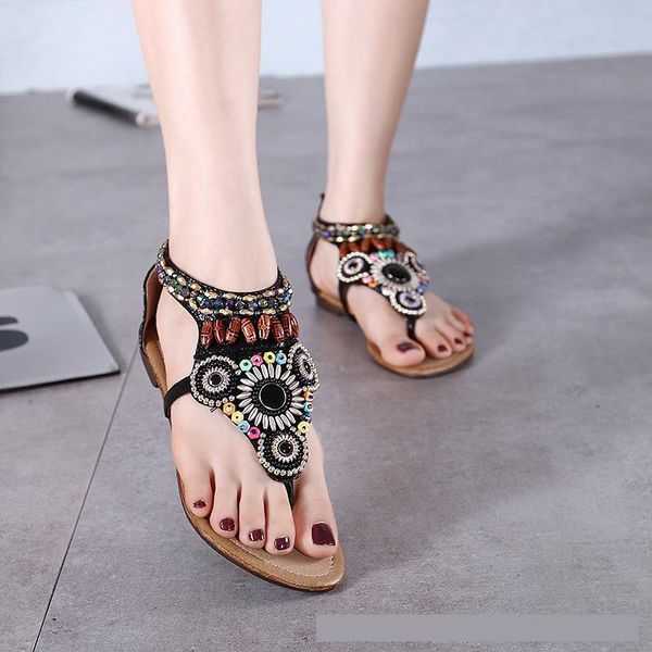 

sandals summer flats bohemian style clip toe flat roman women's shoes, Black