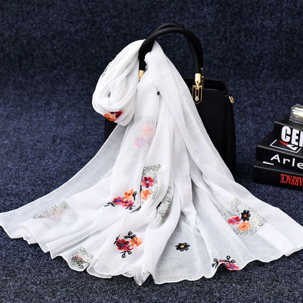 

designer spring and autumn new national style women's embroidery flower travel cotton linen silk scarf sunscreen shawl, Blue;black