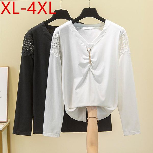 

plus size t-shirt spring autumn women v neck hollow out lace long sleeve cotton large loose casual tees xl 2xl 3xl 4xl, Black