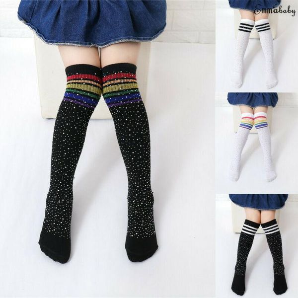 

sports socks baby girl cute striped knee children stockings long warm fake diamond decoration stocking, Black