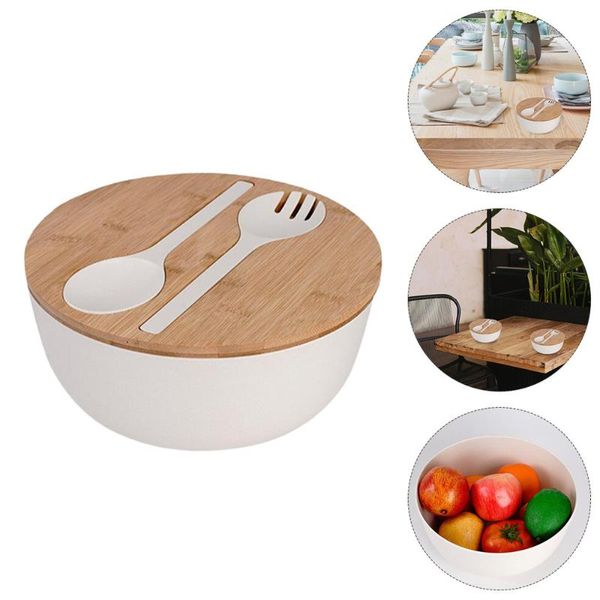 

mats & pads 1 set bamboo fiber salad bowl fruit spoon fork lid kit (white)