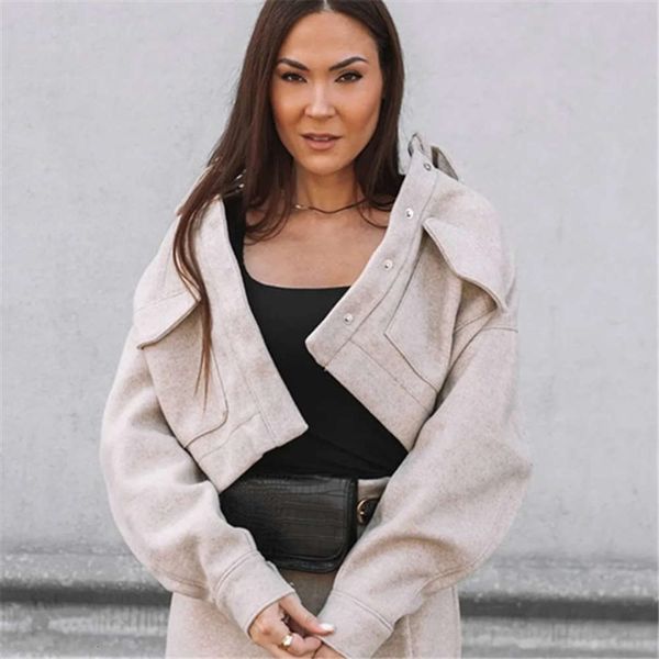 

women's fashion autumn double pocket short jacket lapel, Black;brown