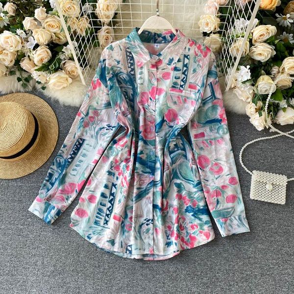 

singrain women fashion print blouse retro single breasted long puff sleeve loose autumn korean chic streetwear blouses, White