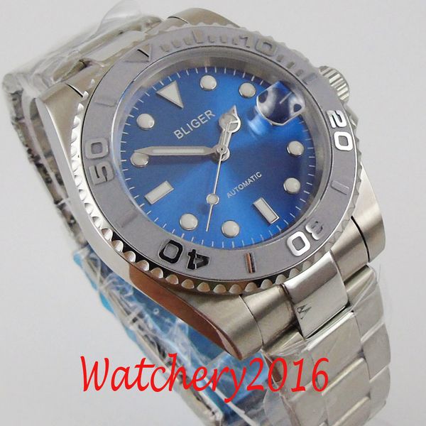 

bliger 40mm blue dial luminous hands sapphire glass date stainless steel nh35 automatic movement men's watch, Slivery;brown