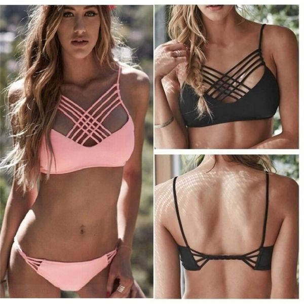 

women weave swimsuits s-xl pure color halter swimming suit 2 pcs sets swimwear muti-rope brazilian bandage push up padded bikini