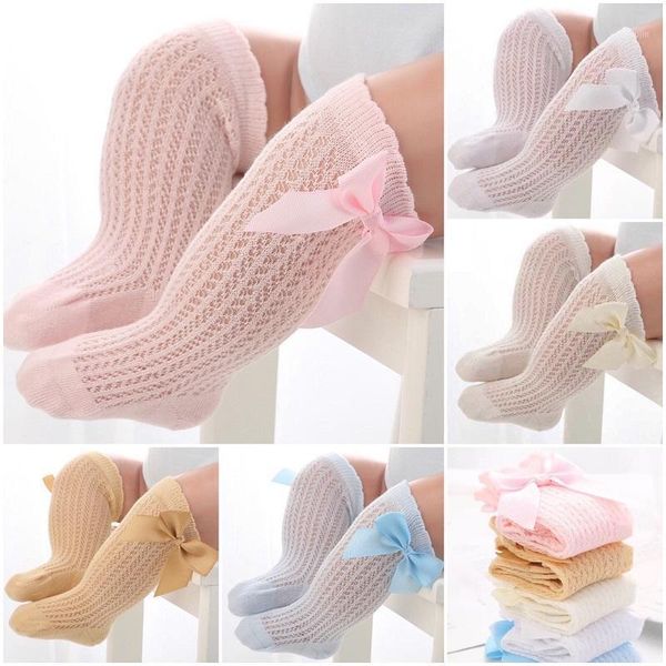 

muduo baby girl socks summer mesh breathable long pure color knee-high with bowknot fashion, Pink;yellow