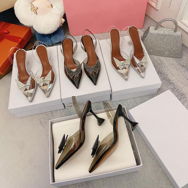 

2021 spring and summer new style rhinestone bow sandals pvc transparent plastic pointed toe hollow high heel sandals women, Black