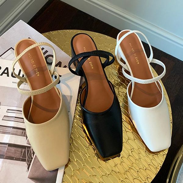 

2021 summer concise women apricot high heels prom slippers new style white square toe cross-tied slides trending female shoes, Black
