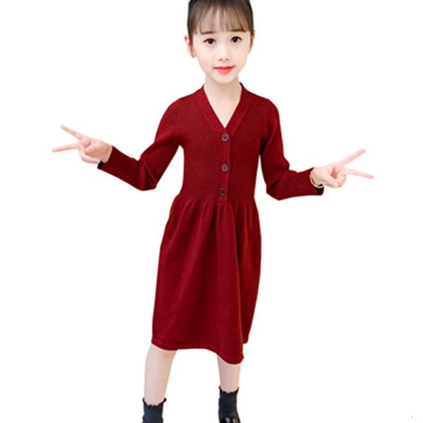 

2021 spring new fall young in nightgown solid-colored children knitted tightly knit girls long v-neck mangoes ed 4-13yrs trmx, Blue