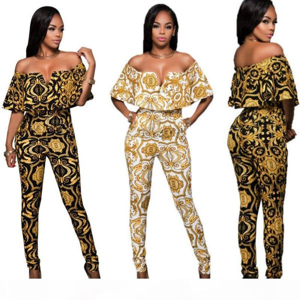 

women high waist skinny jumpsuits printing slash neck jumpsuits rompers new fashion women elegant strapless casual party overalls femme, Black;white