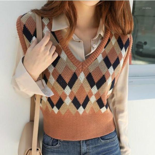 

women autumn short argyle sweater v neck knitted vest pullover sleeveless jumper pull femme sueter mujer preppy style jersey1, Black;white
