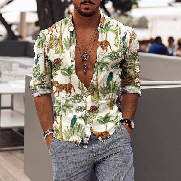 

men's casual shirts lapel holiday romantic flower printed shirt., White;black
