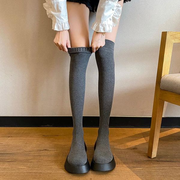 

boots rimocy thcik bottom platform thigh high women slim fit stretch fabric long woman 2021 autumn over the knee botas, Black