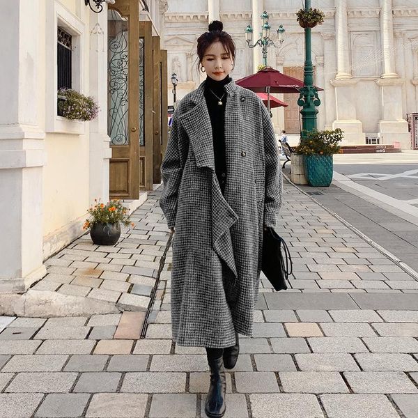 

women's wool & blends design sense thousand bird check coat middle and long style loose woolen trend in winter 2021, Black