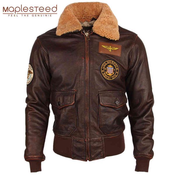 

vintage distrsed men quilted fur collar 100% calf flight men's leather et winter coat m253, Black
