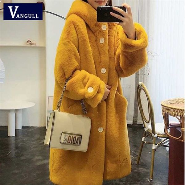 

vangull women winter faux fur long coat casual sweet solid warm soft fur hooded jacket fashion loose thicken plus size coat 211110, Black
