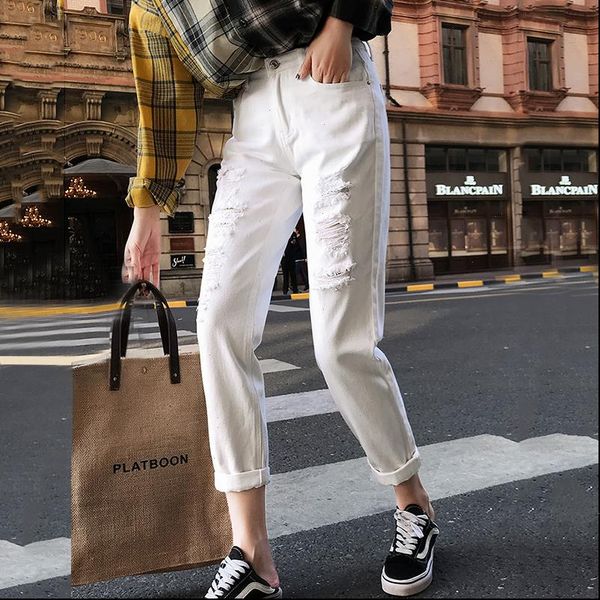 

ripped harem jeans woman high waist boyfriend jeans for women plus size blue black denim mom jeans pants trousers, Black;white