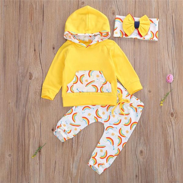 

clothing sets autumn baby girls boys clothes long sleeve rainbow print pocket hooded sweatshirt +long pants+headband 3pcs infant, White