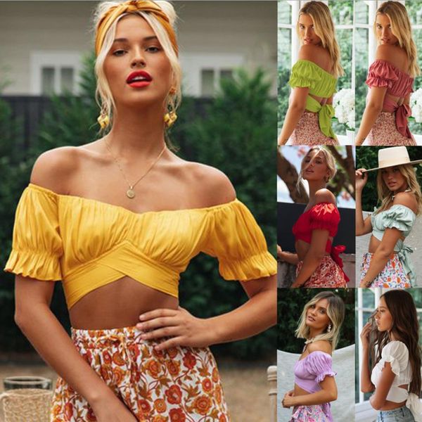 

women bandage crop slash neck t-shirt hollow out ruffles casual bodycon solid slim cotton, White