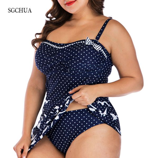 Sgchua Blue Print Dot Vogel Trennen Badeanzug Frauen Bogen Plus Größe 5XL Zweiteilige Badebekleidung mit Rock Fat Beach Badeanzug 210315