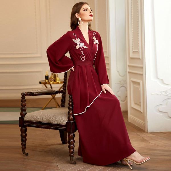 

ethnic clothing fridayin burgundy embroidered pearl and diamond long-sleeved solid color maxi dress muslim abaya vestidos, Red