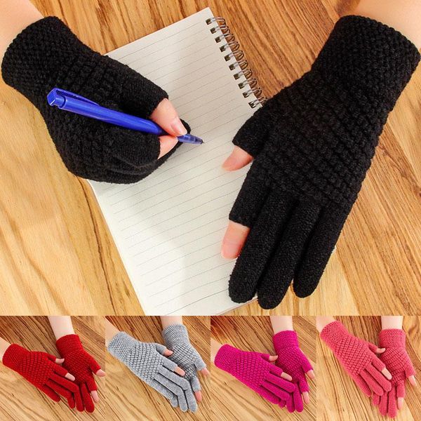 

five fingers gloves 2 fingerless knitted imitation cashmere for writing winter half-finger soft couple mittens 1 pairs, Blue;gray
