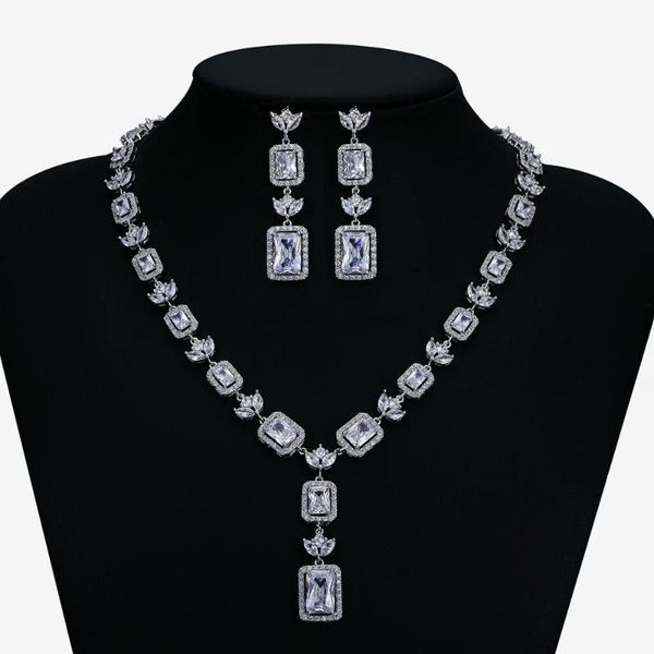 

earrings & necklace full 5a cubic zirconia bridal wedding earring set women prom party jewelry sets cn10230, Silver