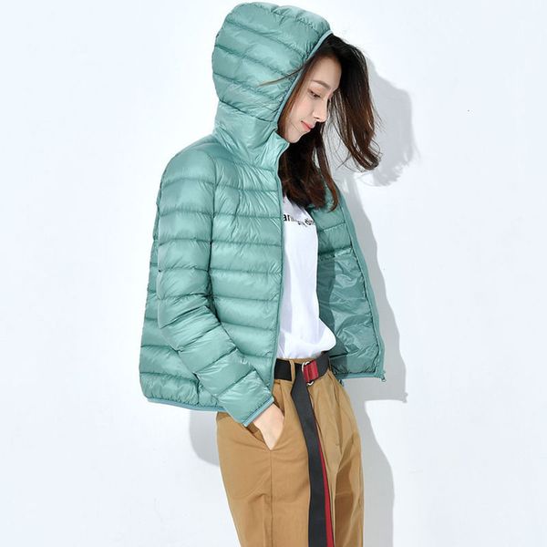 

white duck down autumn and winter lightweight jacket women's hooded short stand collar large slim coat, Black