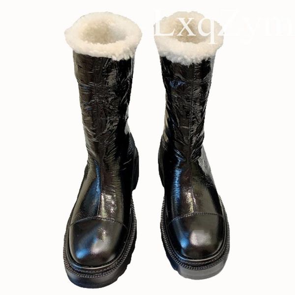 

boots patent leather round toe thick soled mid furry wool warm snow bootie women long plush basic style comfortable casual shoes, Black