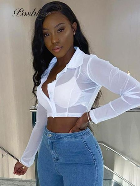 

women's t-shirt poshby mesh perspective 2021 women street shirts lapel sheer button up crop long sleeve autumn t shirt e-girl clubwear, White